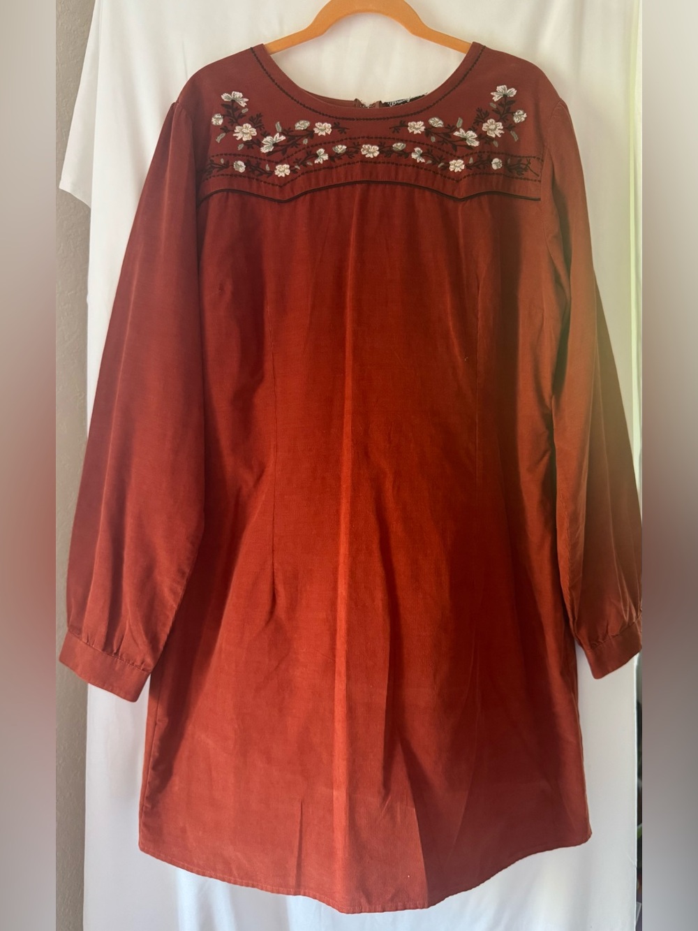 Wrangler Retro Rust Burnt Orange Long-Sleeve Embroidered Midi Dress